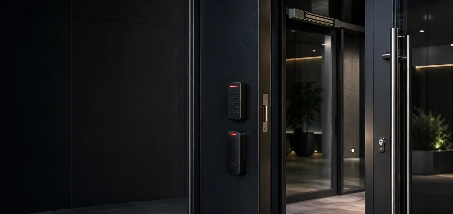 Commercial access control reader at a secure entrance